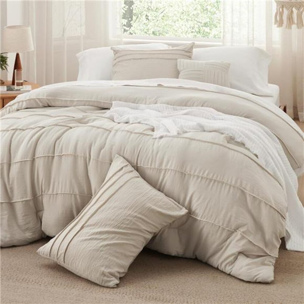 Pinch Pleat Queen Comforter Set 4pc Beige Boho Bedding